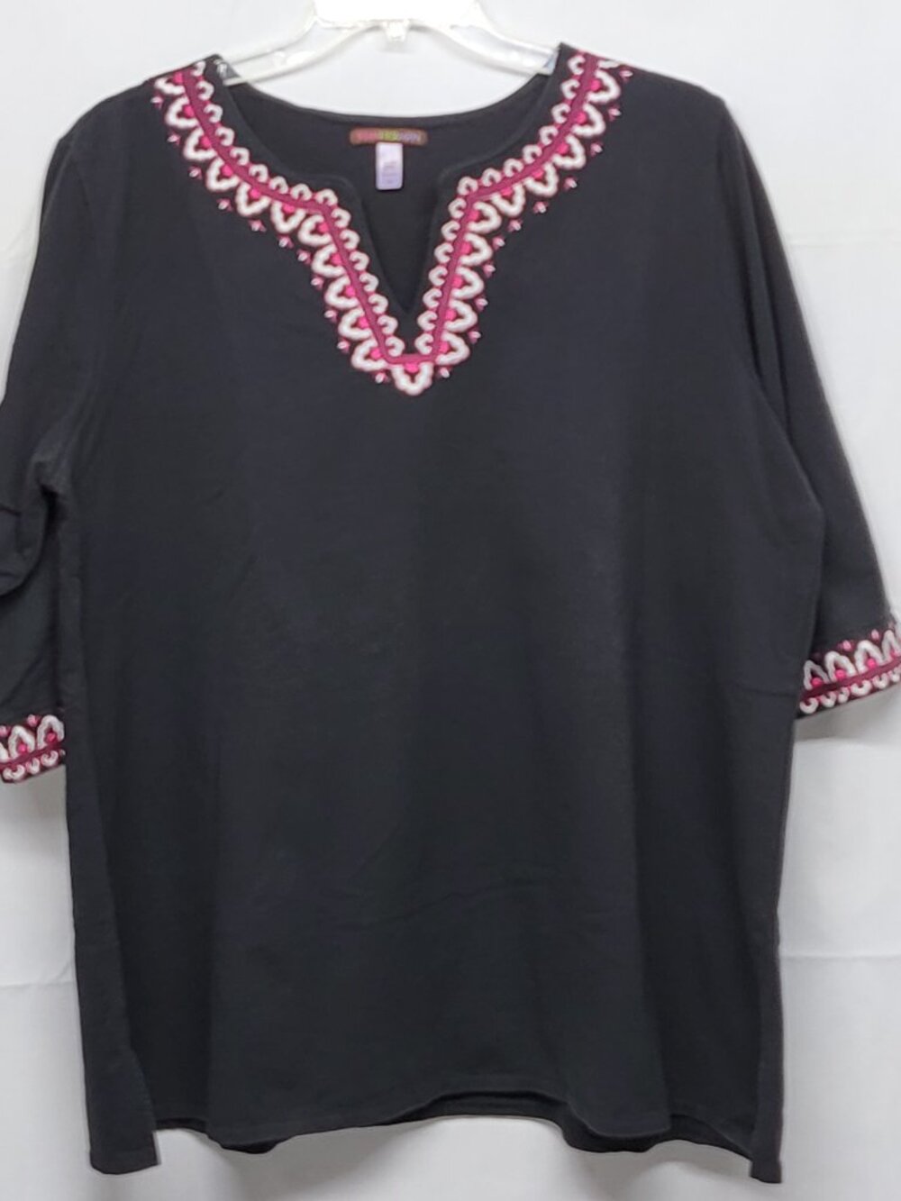 Stan Herman Womens Tunic Top 2X Plus Embroidered Boho 3/4 Sleeve Cotton